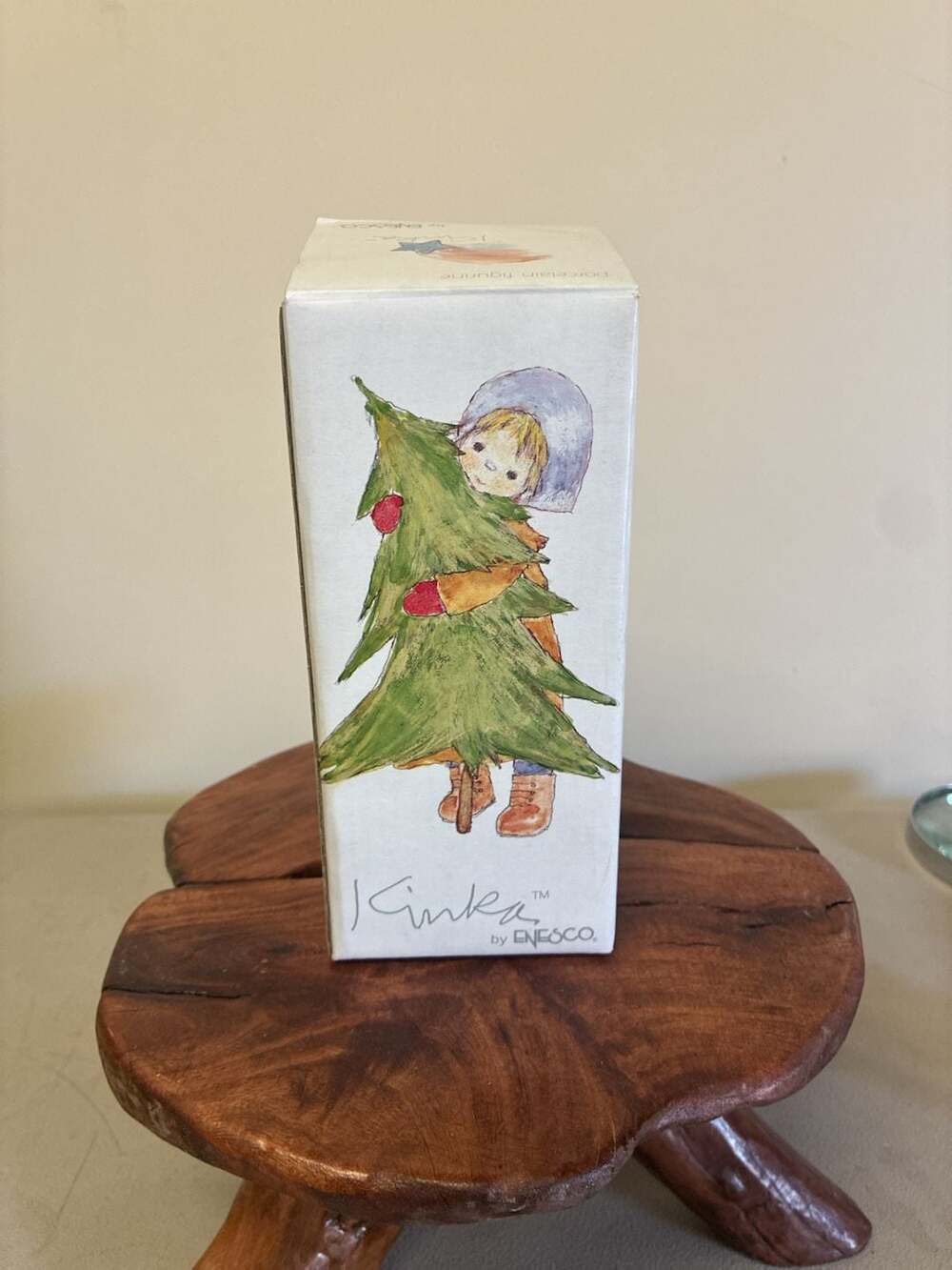Enesco Kinka Porcelain Figurine Girl Holding Christmas Tree with Box